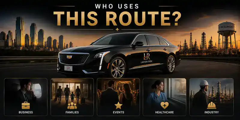 Luxury Cadillac sedan transportation between Houston and Beaumont featuring business travelers, families, healthcare professionals, event guests, and industrial travelers using private chauffeur service with Lavish Ride branding.
